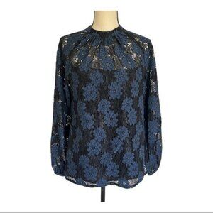 Trina Turk Black And Blue Floral Lace Blouse, Size L, Excellent Used Condition